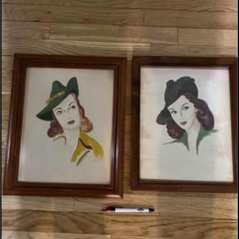 Set of 2 MCM mid century modern original pinup ladies paintings